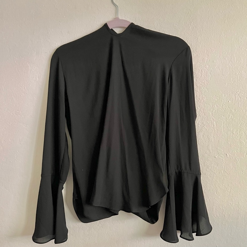 Carmen Marc Valvo Ruffled Sleeve Circle Front Black Blouse